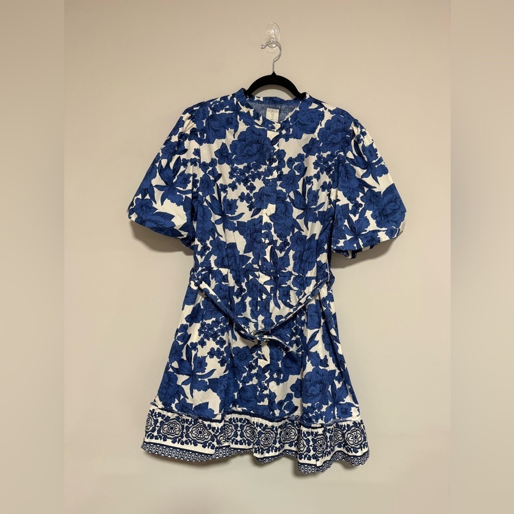 Joie Blue White Floral Puff Sleeve Belted Mini Dress Size 16 Botanical Classic